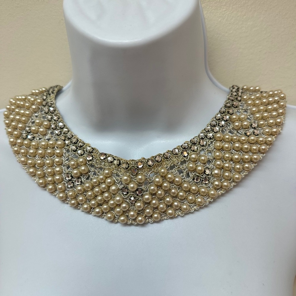 Vtg Faux Pearl Rhinestone Peter Pan Collar Bib Necklace Cream Silver Statement